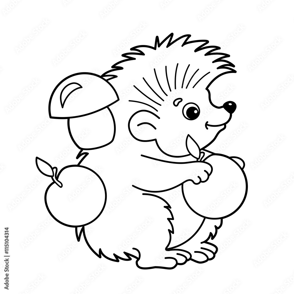Coloring Page Outline Of cartoon hedgehog with apples and mushrooms. Coloring book for kids Coloring Page Outline Of cartoon hedgehog with apples and mushrooms. Coloring book for kids