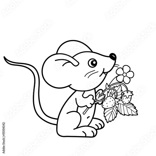 Coloring Page Outline Of cartoon little mouse with strawberries. Coloring book for kids