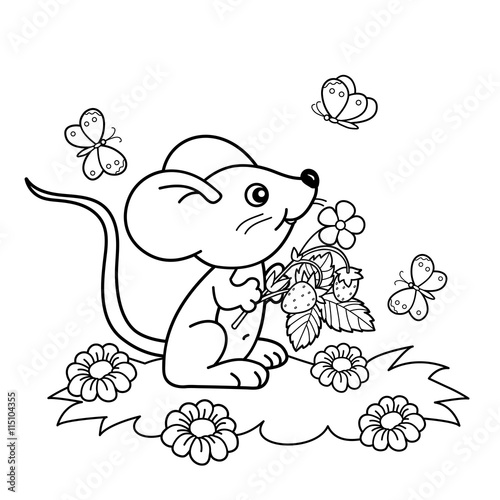 Coloring Page Outline Of cartoon little mouse with strawberries in the meadow with butterflies. Coloring book for kids