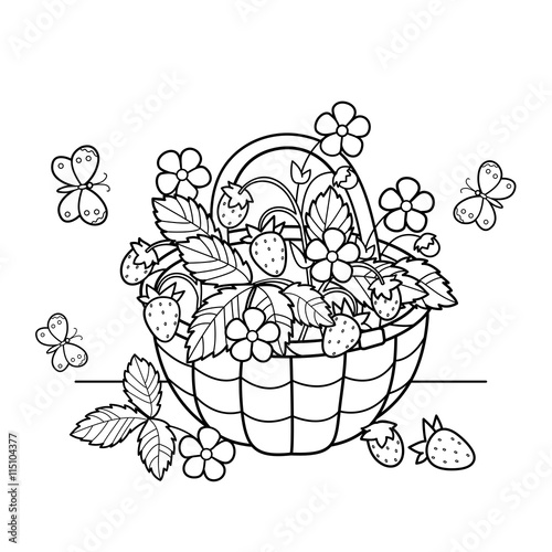 Coloring Page Outline Of cartoon basket of berries. Garden strawberry. Summer gifts of nature. Coloring book for kids