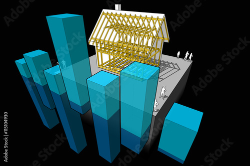 simple detached house with wooden framework construction with abstract business diagram 