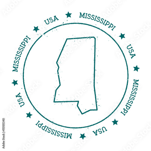 Mississippi vector map. Retro vintage insignia with US state map. Distressed visa stamp with Mississippi text wrapped around a circle and stars. USA state map vector illustration.