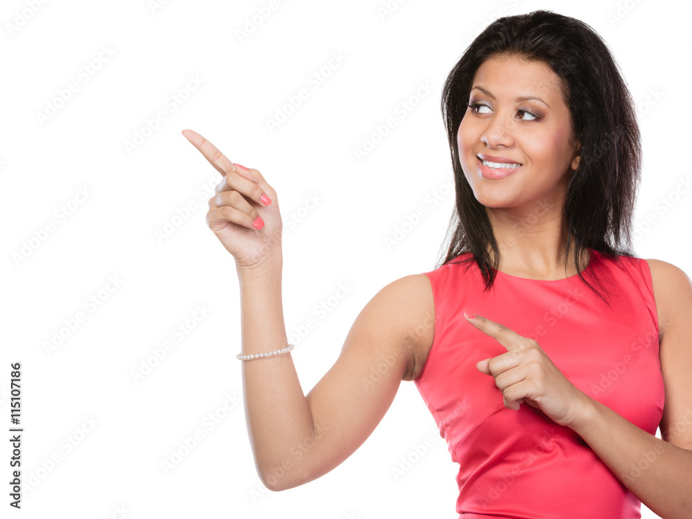 Pretty woman pointing at empty blank copy space. Pretty woman pointing at empty blank copy space.
