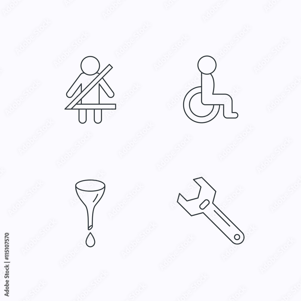 Seat belt, oil change and wrench tool icons.