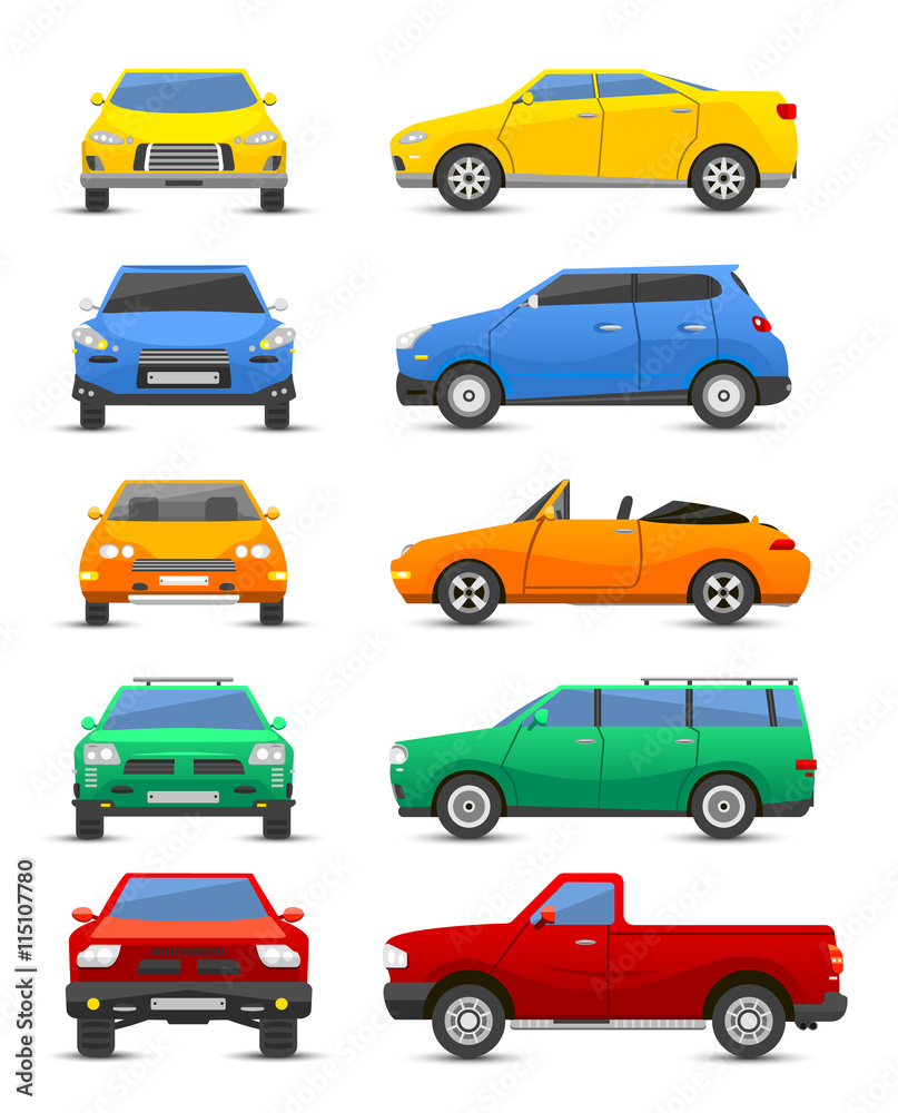 Different car vehicle type design sign technology style vector. Generic car different design flat vector illustration isolated on white. Pickup, sedan, bus and other car vehicle
