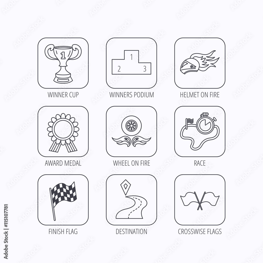Winner cup and award icons. Race flag signs. Winner cup and award icons. Race flag signs.