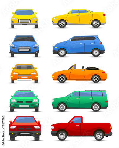 Different car vehicle type design sign technology style vector. Generic car different design flat vector illustration isolated on white. Pickup  sedan  bus and other car vehicle