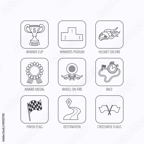 Winner cup and award icons. Race flag signs.