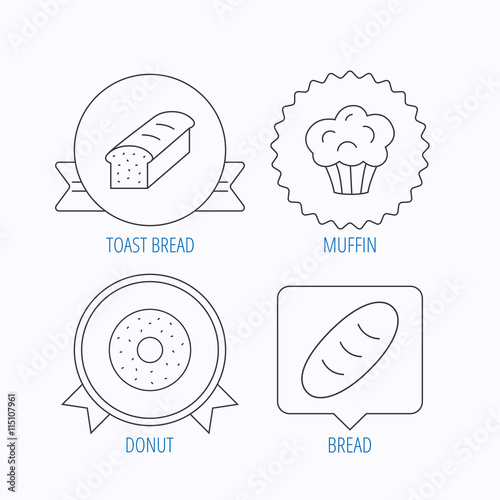Muffin, donut and toast bread icons.