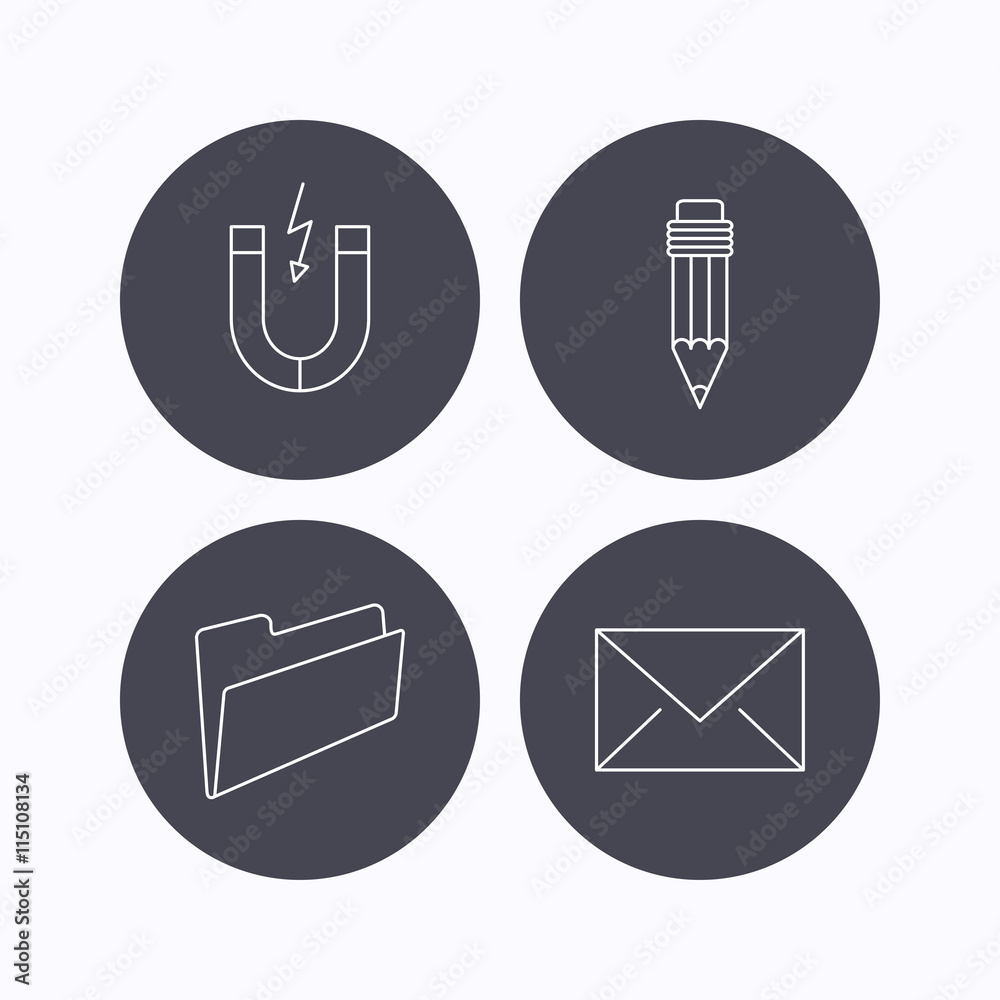 Folder, pencil and mail envelope icons. Folder, pencil and mail envelope icons.