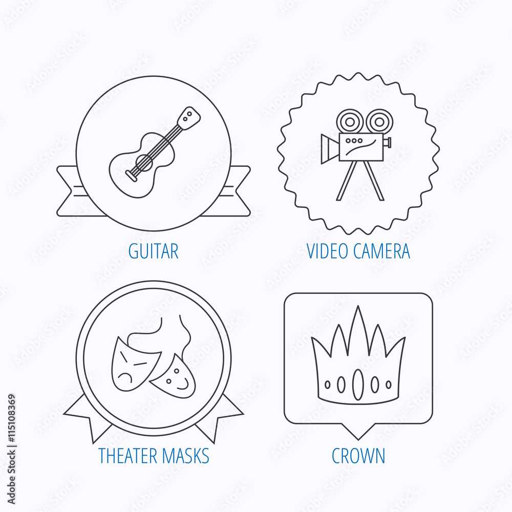 Crown, guitar music and theater masks icons. Crown, guitar music and theater masks icons.