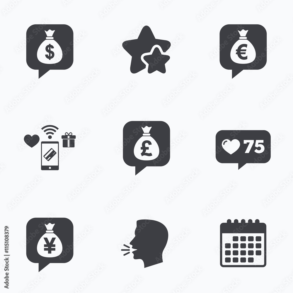 Money bag icons. Dollar, Euro, Pound and Yen. Money bag icons. Dollar, Euro, Pound and Yen.