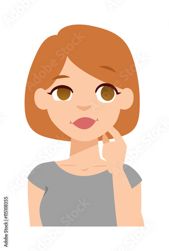 Portrait young quiet woman vector illustration. Cute quiet woman and flat avatar quiet woman face. Adult quiet woman, flat character gesture beauty lips mouth. One silent girl avatar.