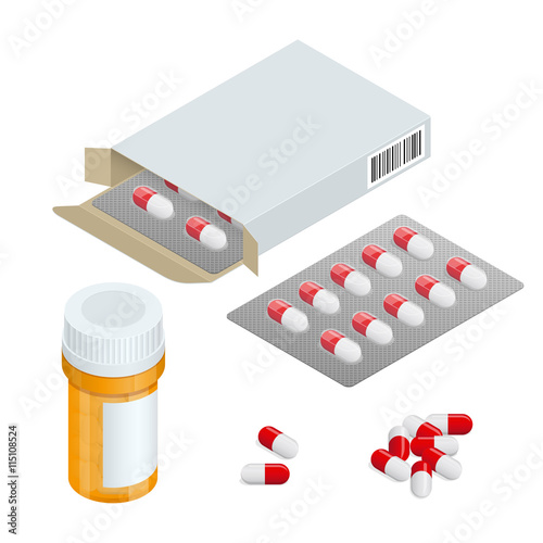Modern pill bottle for pills or capsules. Isolated icon on white background. Flat 3d isometric vector illustration.