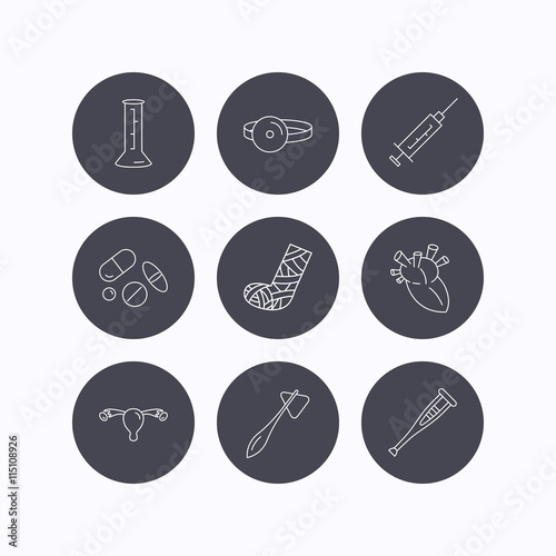 Syringe, beaker and pills icons. Medical signs.