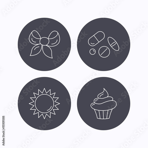 Medical pills, sun and bow-knot icons.