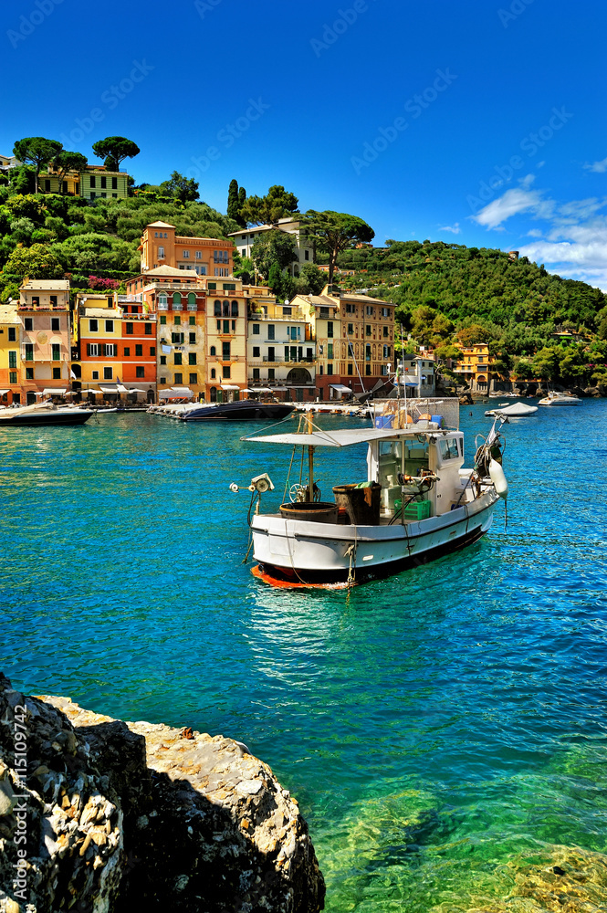 The beautiful bay of Portofino,luxury harbor with fishing ship
