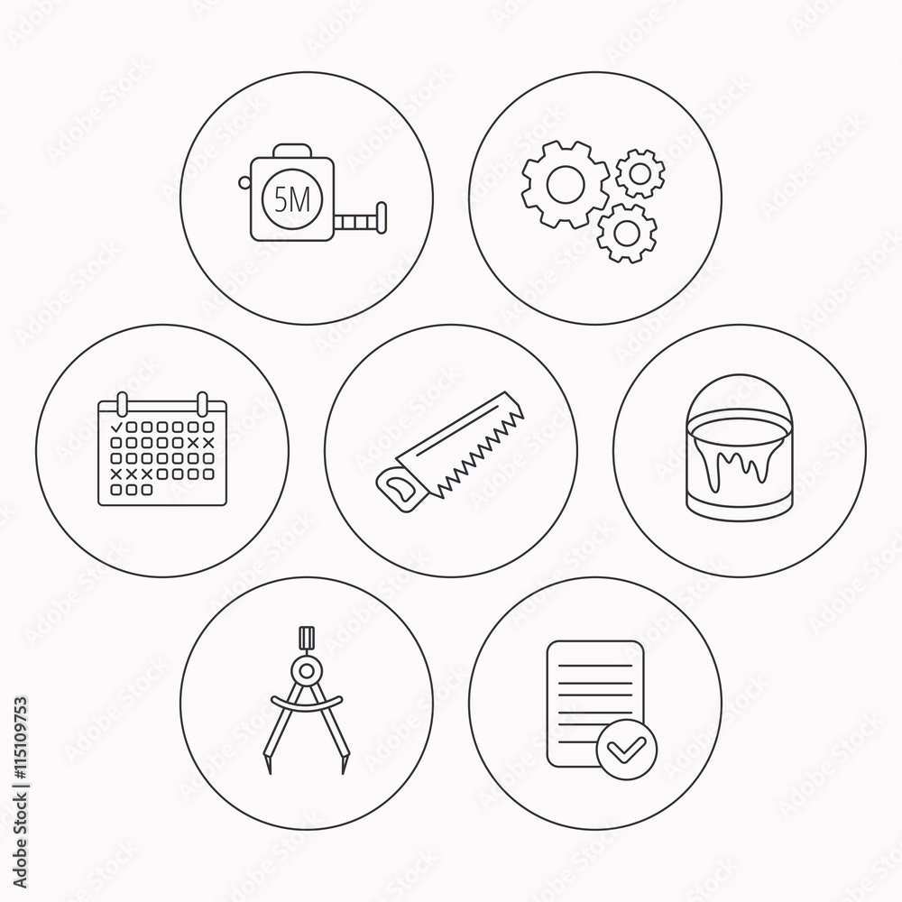 Tape measure, saw and bucket of paint icons. Tape measure, saw and bucket of paint icons.