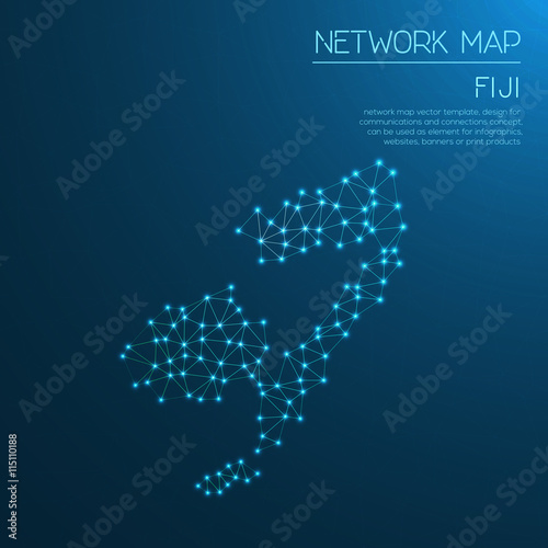 Fiji network map illustrated with abstract polygonal design, showcasing internet connections and telecommunication networks.
