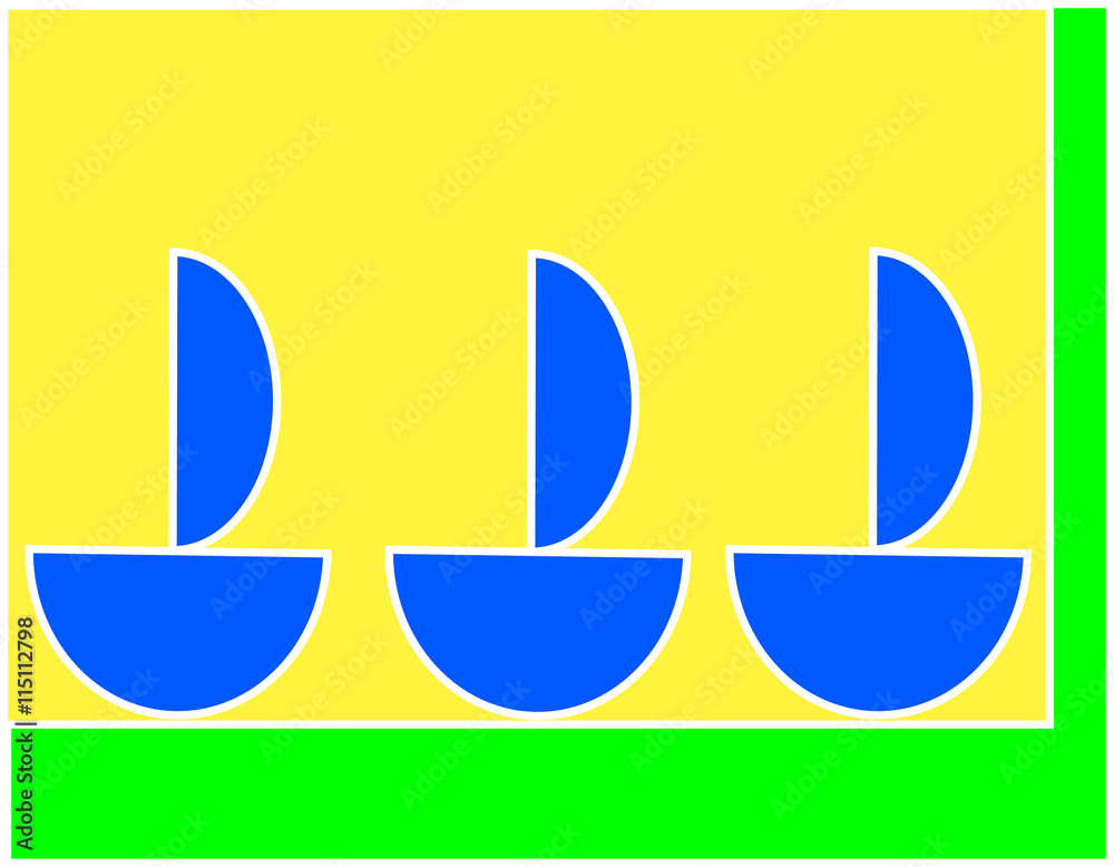 Três barcos azuis à vela sobre fundo verde e amarelo