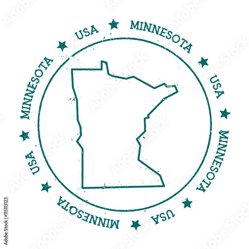 Minnesota vector map. Retro vintage insignia with US state map. Distressed visa stamp with Minnesota text wrapped around a circle and stars. USA state map vector illustration.