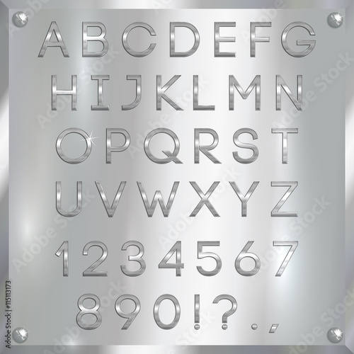 Vector silver coated alphabet letters, digits and punctuation on metallic background