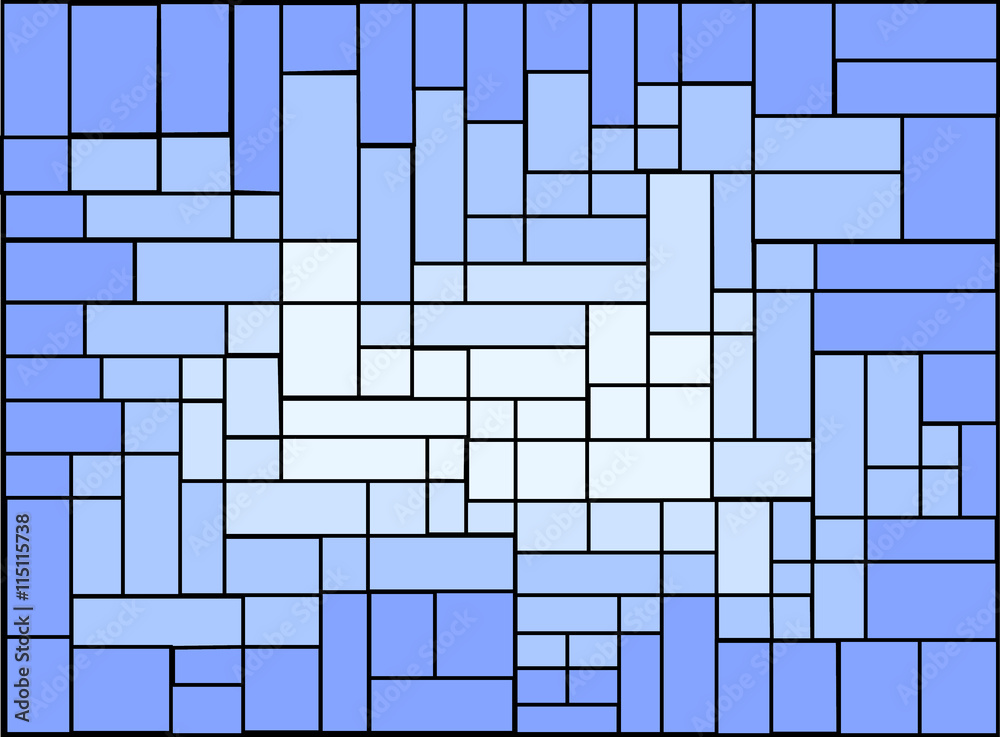 Mosaico composto por formas de diversos quadriláteros em matizes azuis.
