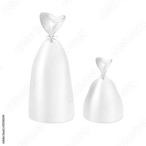 VECTOR PACKAGING: White gray plastic packaging bag for snack, bread or take away, bulk products, tea, coffee, spices on isolated white background. Mock-up template ready for design