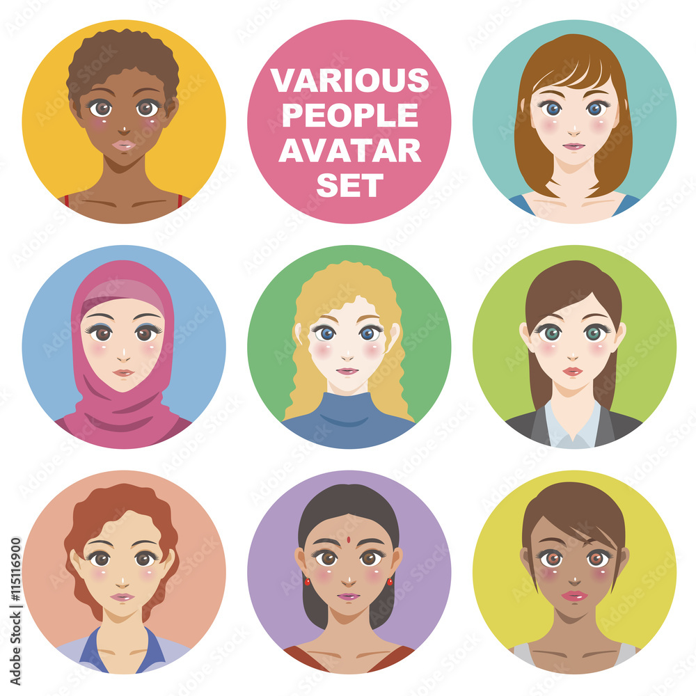 various races women avatar icon set, face as seen from the front, vector illustration various races women avatar icon set, face as seen from the front, vector illustration