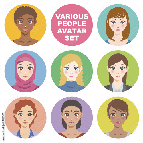 various races women avatar icon set, face as seen from the front, vector illustration