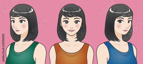 cartoon illustration set of various angle bust and face of a young girl