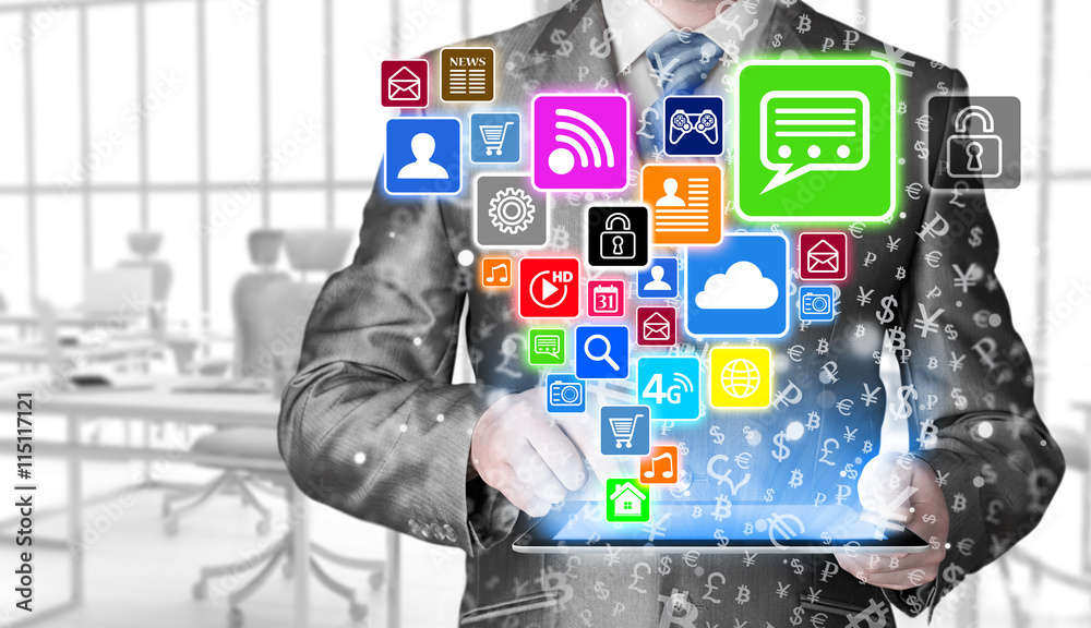 Business man using tablet PC with social media icon set Business man using tablet PC with social media icon set