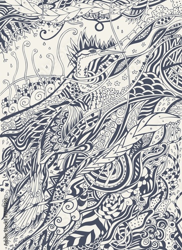 Beautiful hand drawn bird, vector drawing birds. Zentangle stylized bird. Doodle illustration isolated on light background. Sketch for tattoo or indian design. For postcard, t-shirt, bag or poster