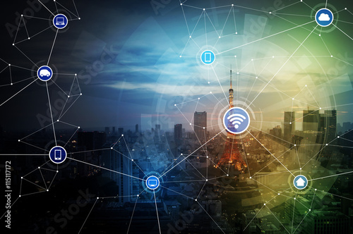 Canvas Print smart city and wireless communication network, abstract image visual, internet o