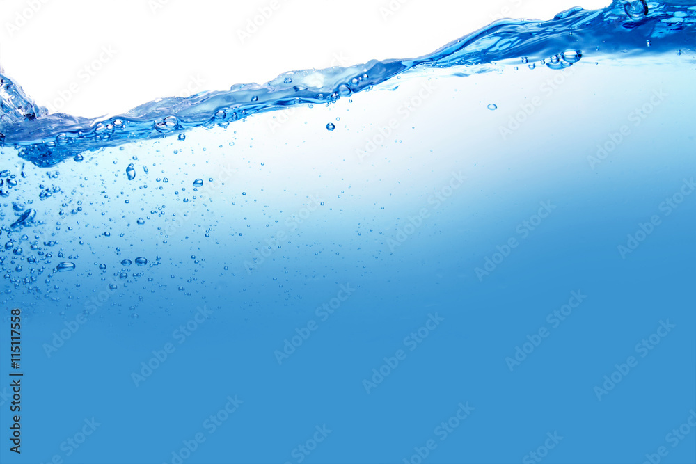 Close up blue Water splash with bubbles on white background Close up blue Water splash with bubbles on white background