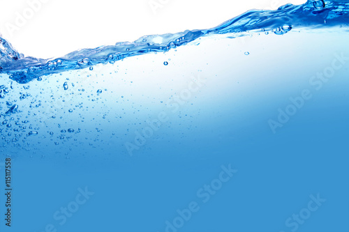 Close up blue Water splash with bubbles on white background