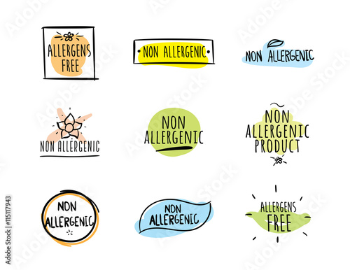 Allergens free, non allergenic vector labels.