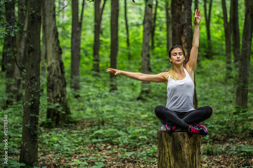 Beautiful sporty girl in the woods on a stump in yoga, sports