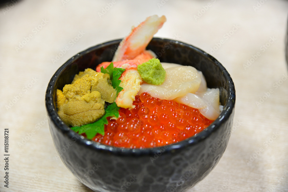 Japanese Food uni don set. The uni don (sea urchin rice bowl) is