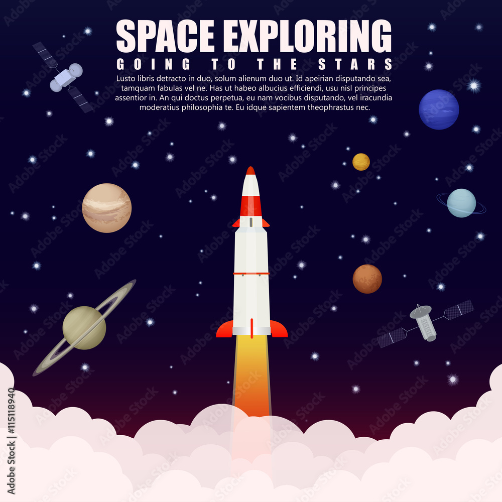 Space rocket launch exploring and research with satellite and planets. Business startup. Vector illustration poster.