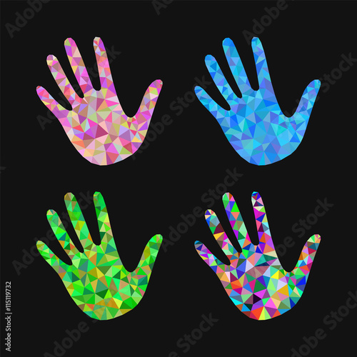 set of 4 open hand bunch of fives polygonal black background