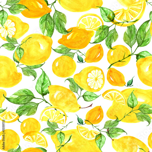 Fototapeta Naklejka Na Ścianę i Meble -       Watercolor pattern of tropical fruit - citrus,  lemons 
