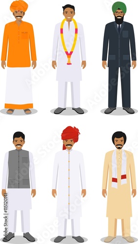 Set of different standing indian men in the traditional clothing isolated on white background in flat style. Indian traditional clothing, east dress. Vector illustration.