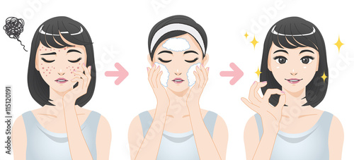 acne treatment before after, facial cleansing foam, cartoon illustration