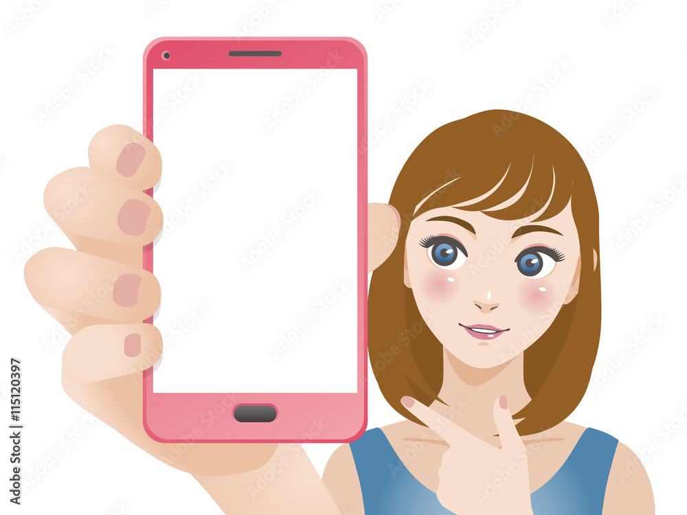 young woman holding smart phone and pointing screen, vector illustration