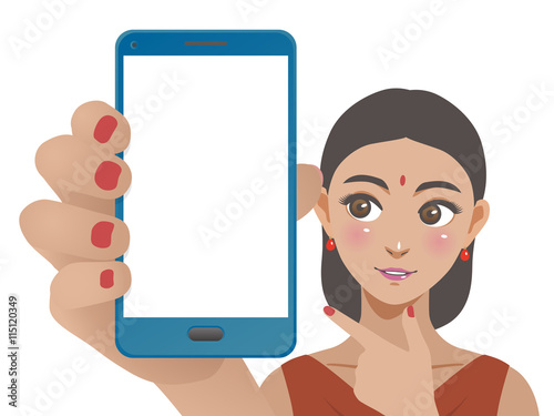 young woman holding smart phone and pointing screen, vector illustration