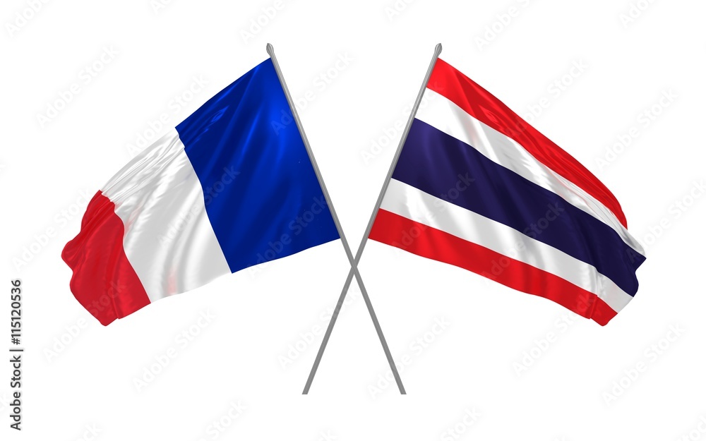3d illustration of Thailand and France flags together waving in the wind 3d illustration of Thailand and France flags together waving in the wind