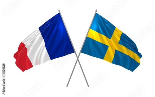 3d illustration of Sweden and France flags together waving in the wind