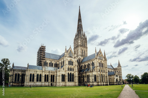 Outdoor view of Salisbury Cathedral at sunset