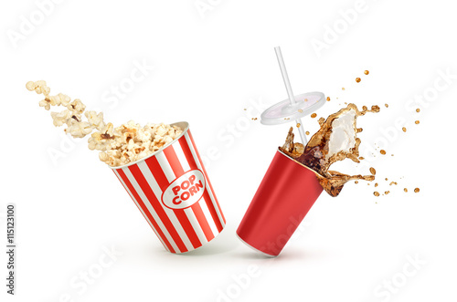 Red Paper cup with cola splash and falling Popcorn in box isolat
